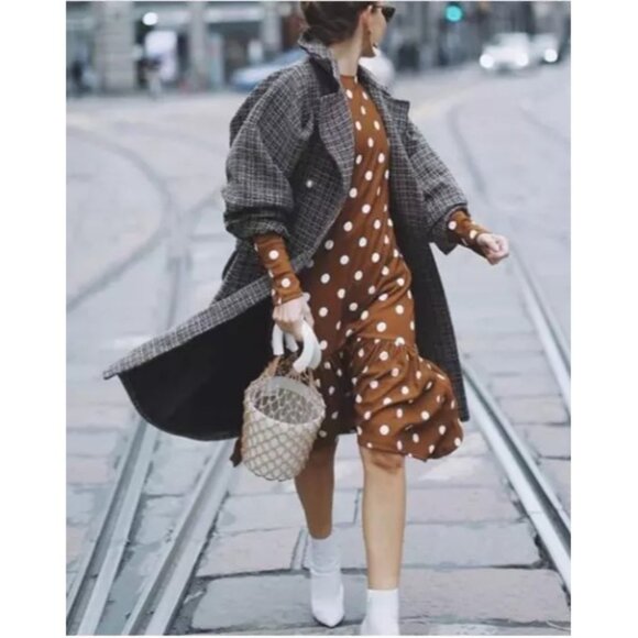 2/$30 Zara Trafaluc Large Polka Dot Long Brown/White Mutton Sleeve Dress - Picture 4 of 14